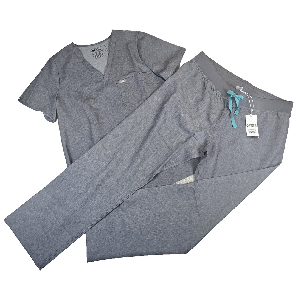 FIGS Scrub Set Women L Gray Catarina Top EUC Livingston Pants NWT Medical Vet